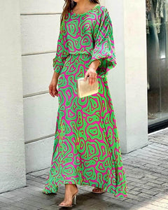 OPM Women's Summer New Loose Printed Long Sleeve Top High Waist Half Body Plus Size Long Skirt Suit - OPM Clothing