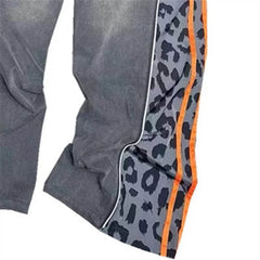 Personalized Leopard Print Splicing Washed And Old Jeans Women's Autumn Winter New Elastic Waist Loose Wide-leg Denim Pants - OPM Clothing