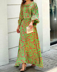 OPM Women's Summer New Loose Printed Long Sleeve Top High Waist Half Body Plus Size Long Skirt Suit - OPM Clothing