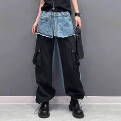 OP LADY European fashion brand contrasting color spliced jeans for women's spring and autumn, new loose design, niche western-style casu - OPM Clothing