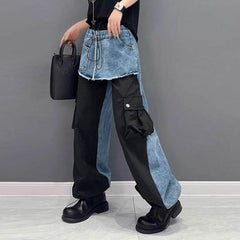 OP LADY European fashion brand contrasting color spliced jeans for women's spring and autumn, new loose design, niche western-style casu - OPM Clothing