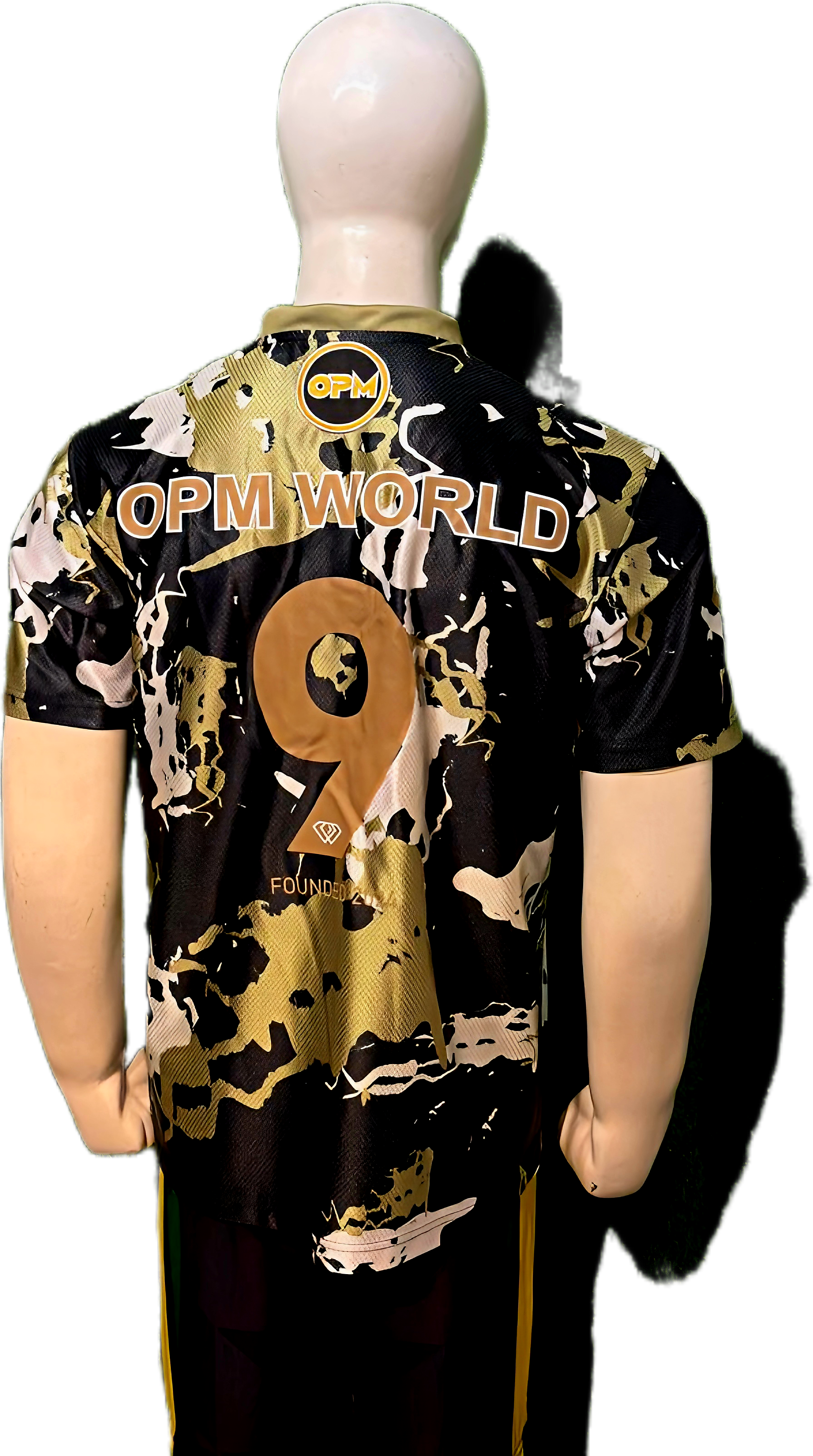  Rear view of OPM World football top showing custom gold number 9 and 'Founded' branding.