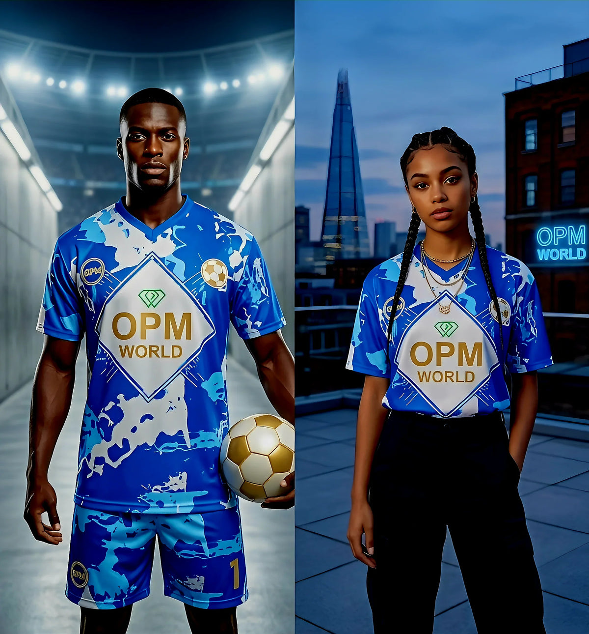 Where and girl wearing opm world marble blue sky blue football kit front facing