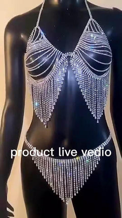 OP LADY Rhinestone tassel bikini bra chain exaggerated full diamond suit body chain, beach shiny jewelry chain - OPM Clothing