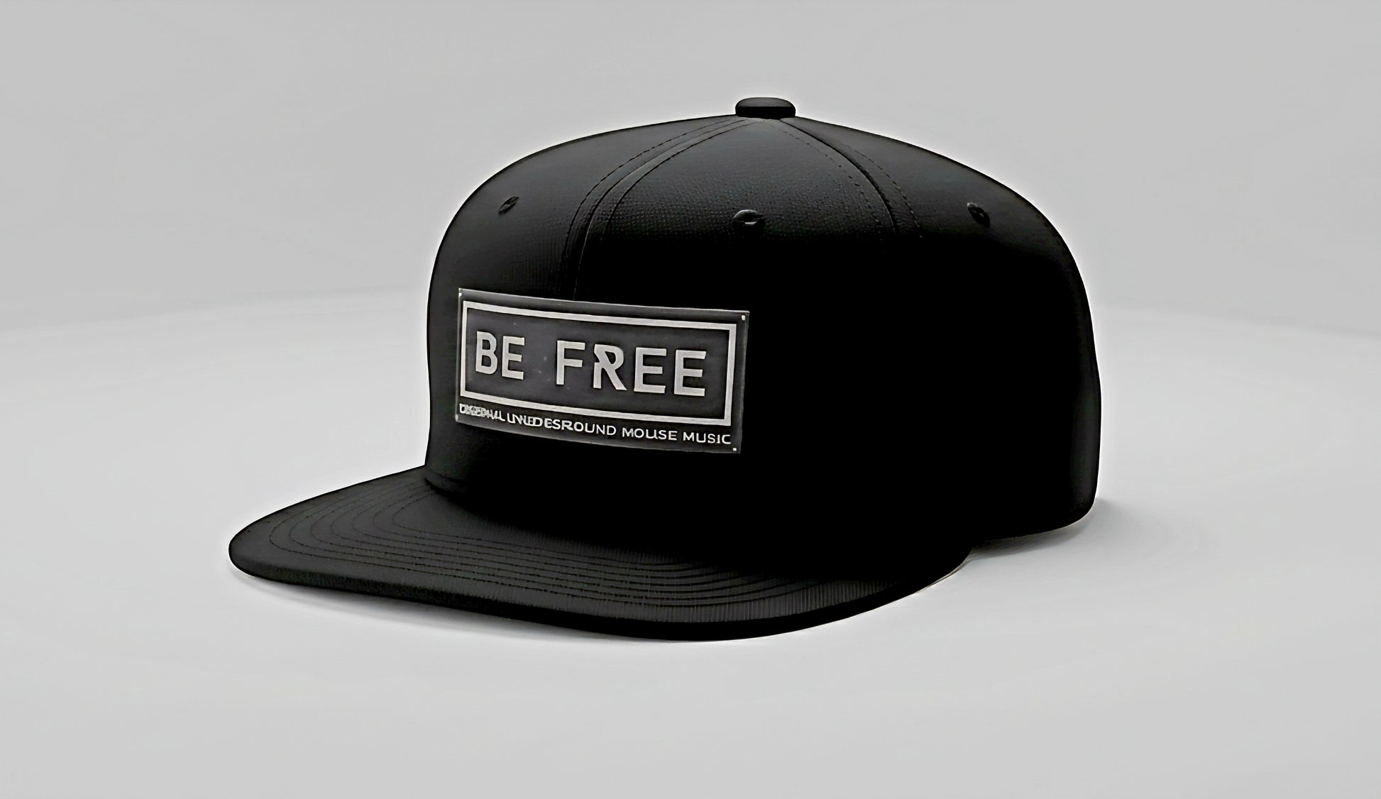 Black cap with 'BE FREE' text on a gray background