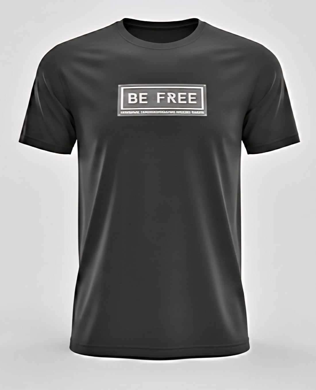 Black t-shirt with 'BE FREE' text on a gray background