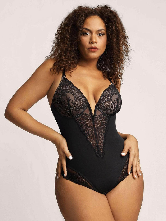 OP LADY Lace Shapewear Bodysuit Women Tummy Control Backless Tank Tops V Neck Body Suit Thongs - OPM Clothing