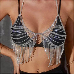 OP LADY Rhinestone tassel bikini bra chain exaggerated full diamond suit body chain, beach shiny jewelry chain - OPM Clothing