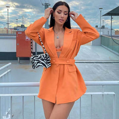 OP LADY Autumn New Niche Design Deep V Shoulder Pad Sexy Belt Shape Body Suit - OPM Clothing