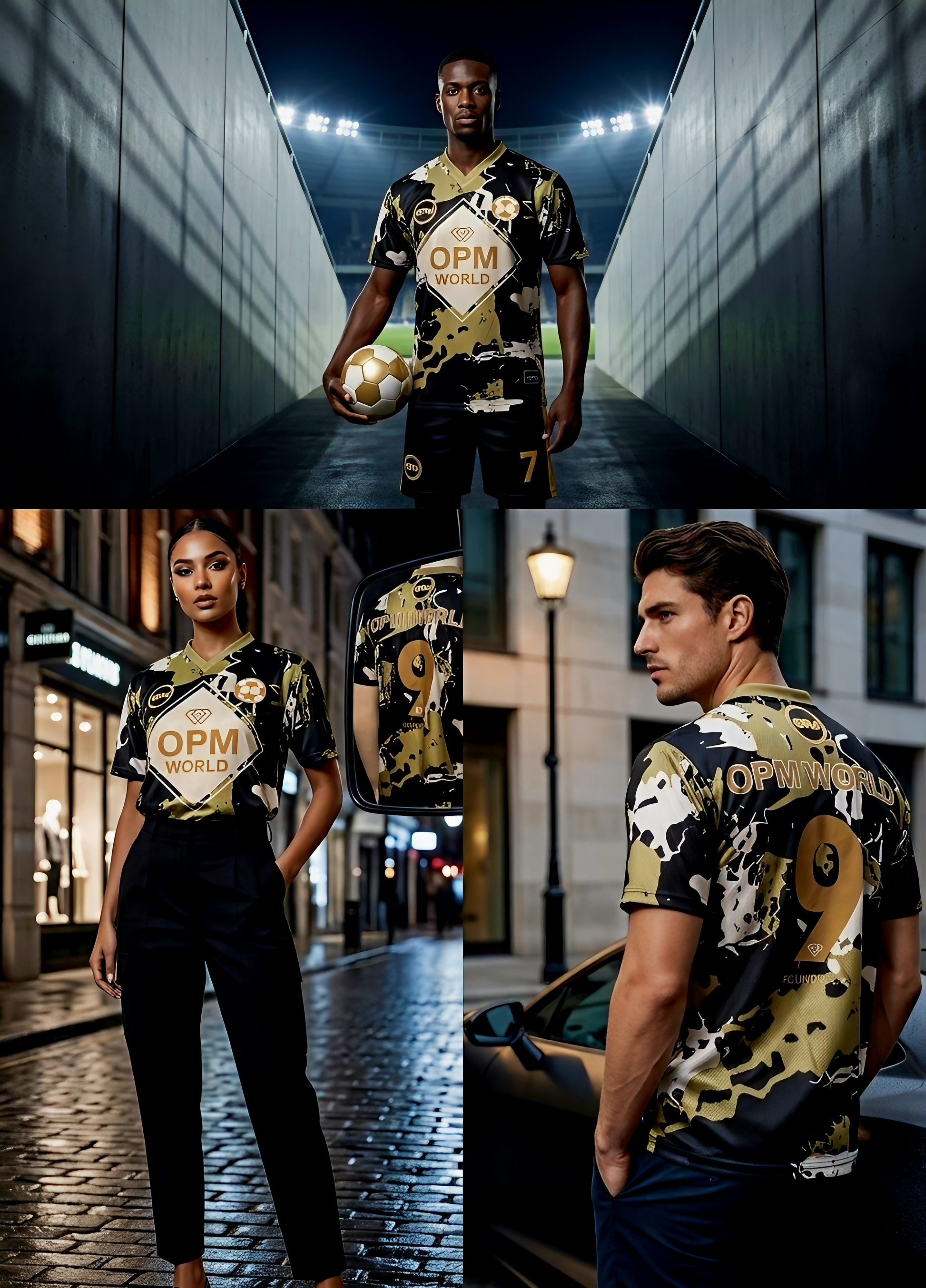 2 men and one woman we re in opm world, black and gold marble football kit. OPM heritage football kit.