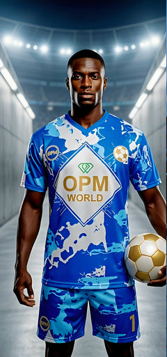 Front facing boy wearing opm world blue marble football kit 