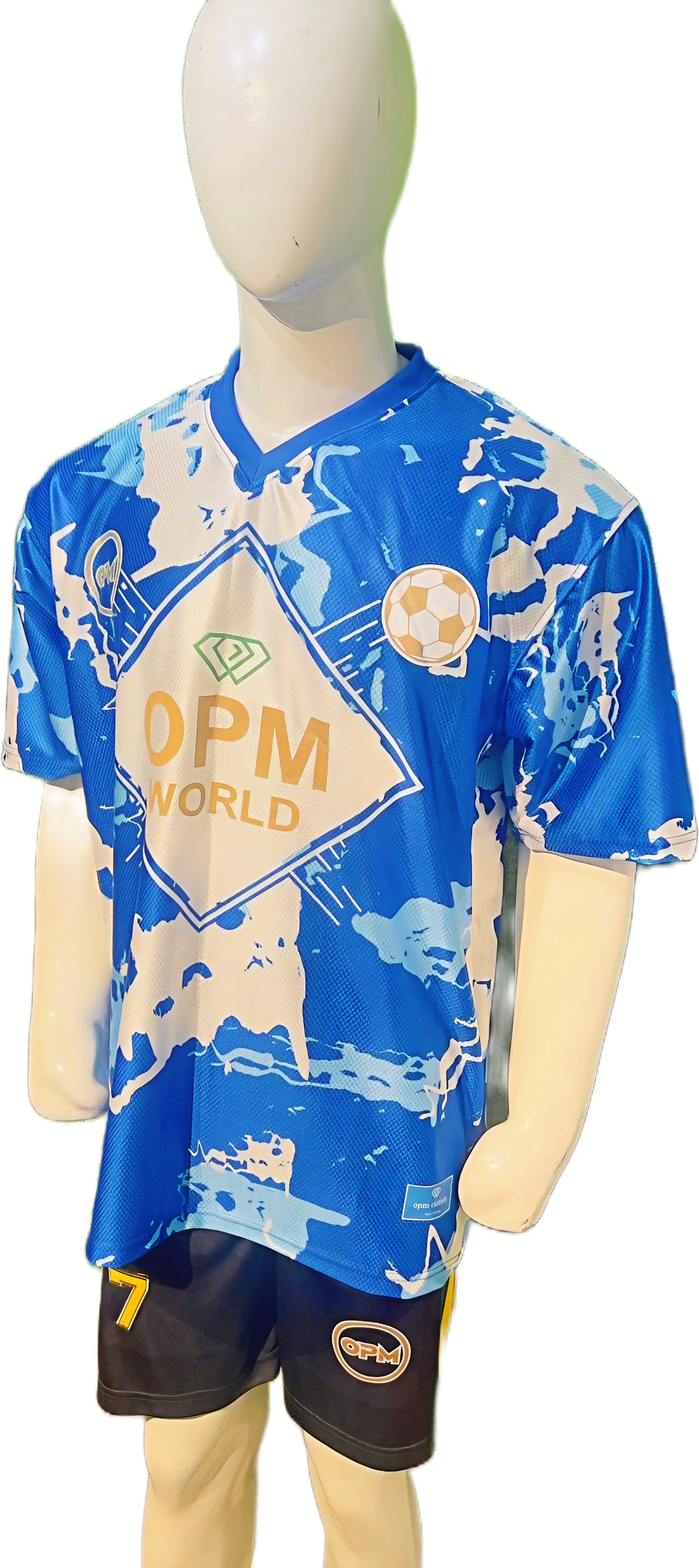Front view of OPM World luxury football jersey in blue and white marble print on a mannequin.