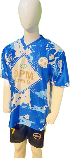 Front view of OPM World luxury football jersey in blue and white marble print on a mannequin.