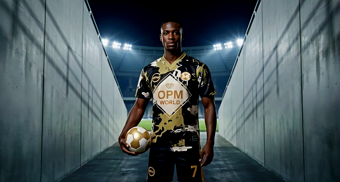 2 men and one woman we re in opm world, black and gold marble football kit. OPM heritage football kit.