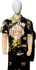 Mannequin wearing OPM World black and gold bespoke football jersey with diamond crest.