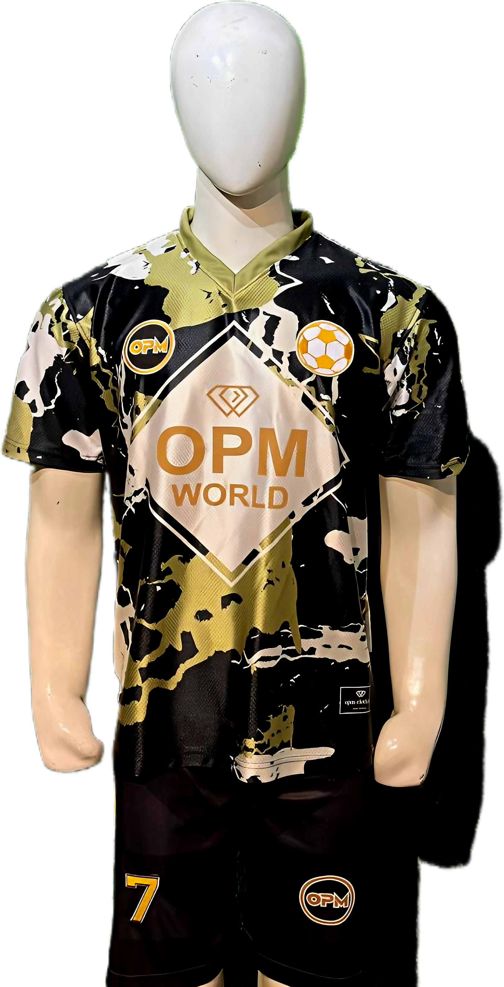 Mannequin wearing OPM World black and gold bespoke football jersey with diamond crest.