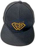 Black cap with a yellow logo on a white background Front view of the black God First Empire x OPM baseball cap featuring a detailed gold embroidered diamond logo on a structured crown.