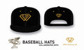 Black baseball hats with gold logos on a white background, featuring OPM Clothing Ltd.
