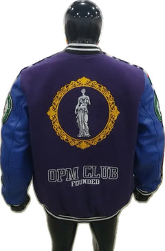 Blue and purple varsity jacket with 'DPM Club Founded' emblem on a white background