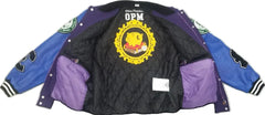 Black jacket with colorful designs and text on a white background