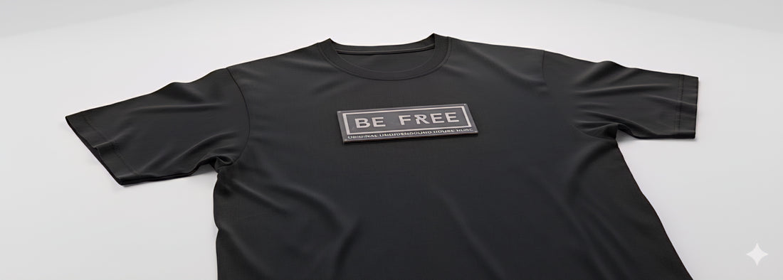 Black t-shirt with 'BE FREE' text on a gray background