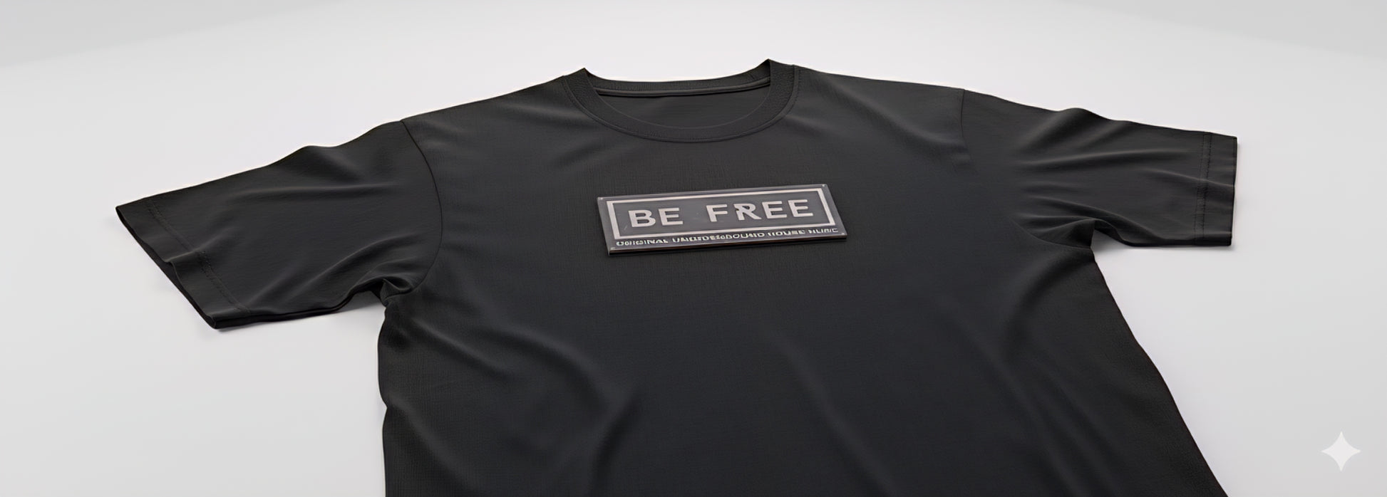 Black t-shirt with 'BE FREE' text on a white background