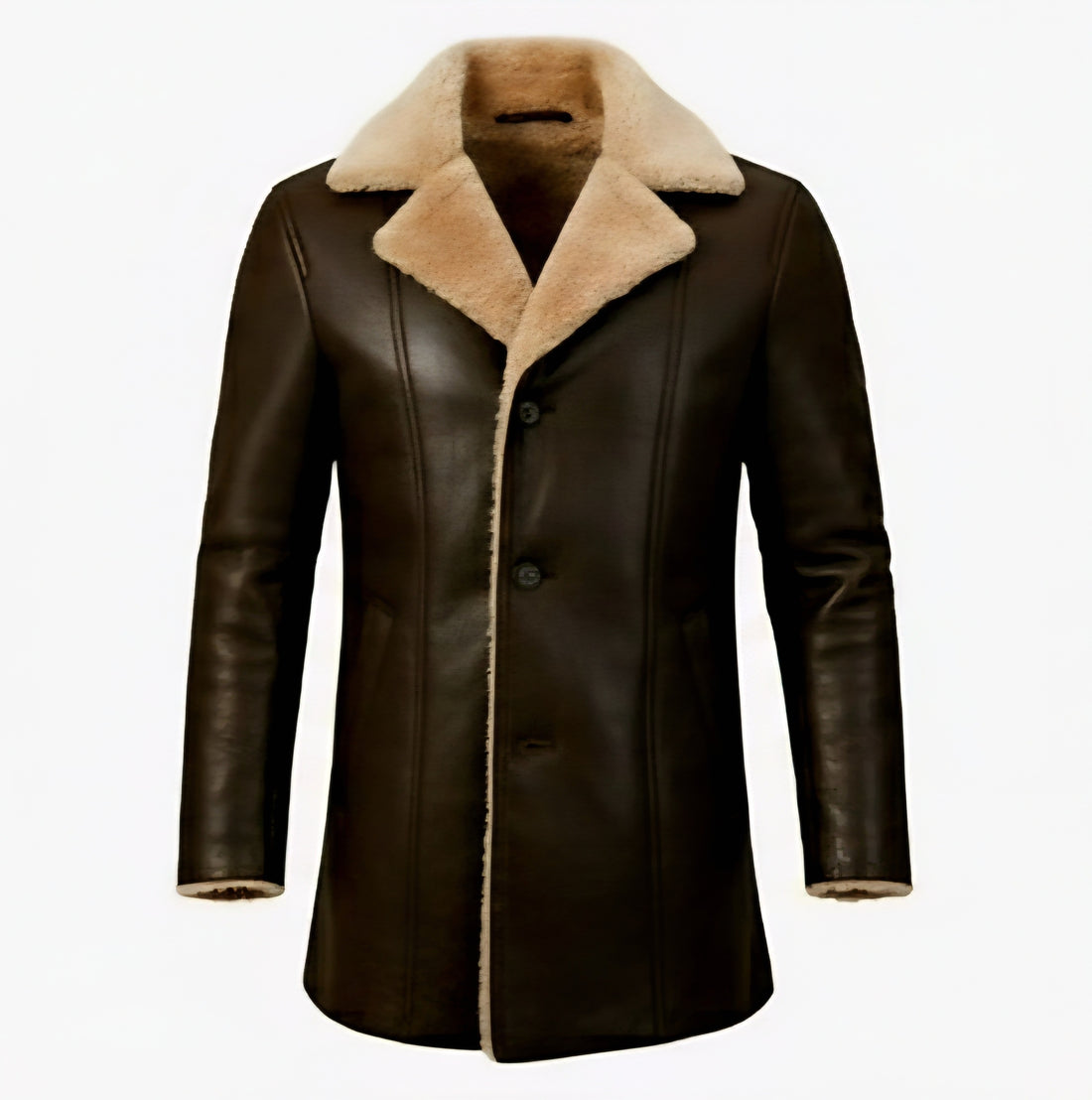 Men's OPM Clothing Ltd shiny brown Merino sheepskin coat featuring a 4-button front and plush taupe shearling collar.