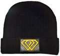 Black beanie with a yellow logo patch on a white background