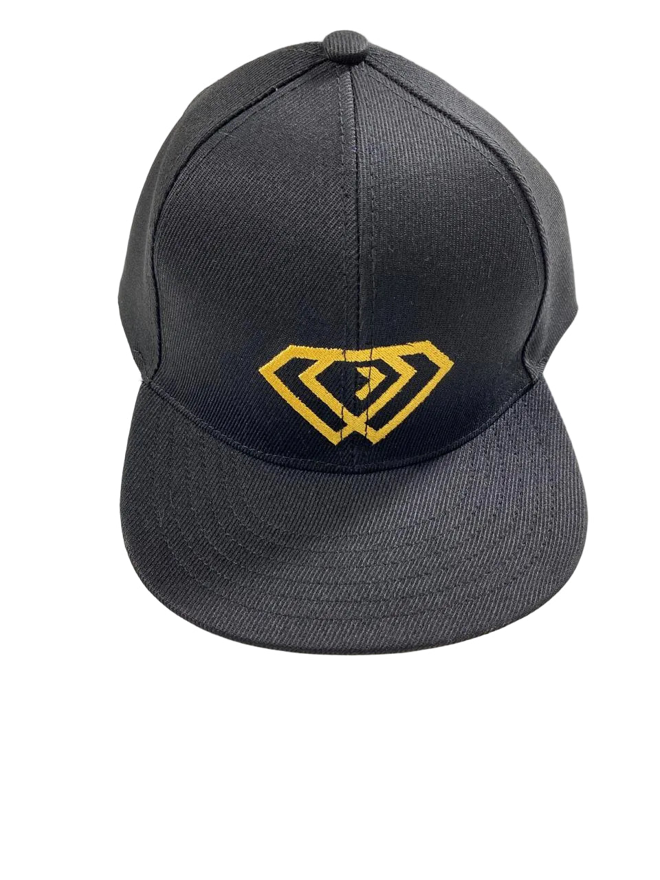 Gray cap with yellow logo on a textured white surface