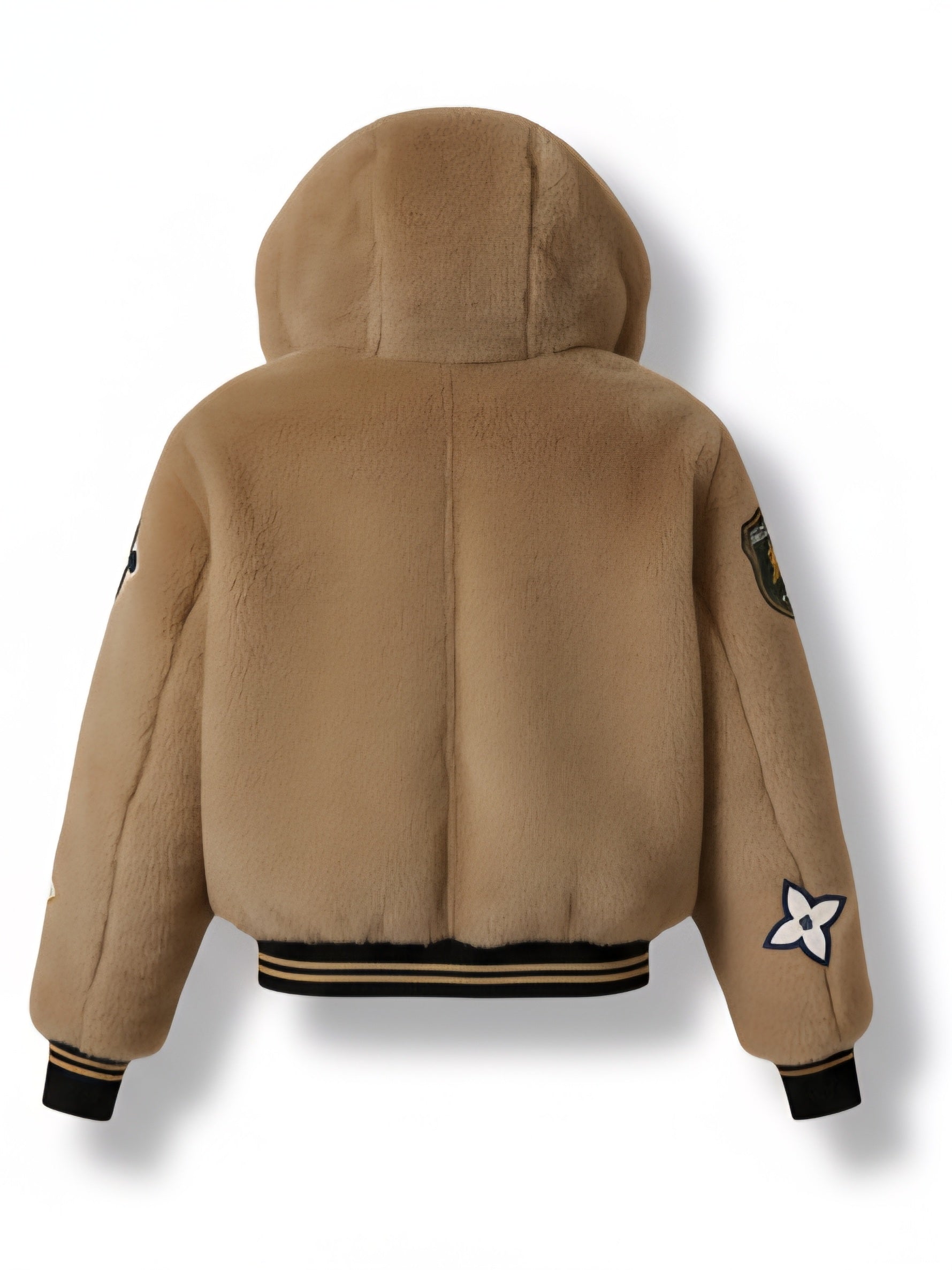 OPM Powerbook Jacket. Limited edition Culture Brown mink fur Brown hooded jacket with black and yellow accents on a white background