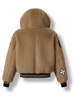 OPM Powerbook Jacket. Limited edition Culture Brown mink fur Brown hooded jacket with black and yellow accents on a white background
