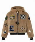 OPM Powerbook Jacket. Limited edition Culture Brown mink fur meets luxury streetwear. Beige hoodie with various patches on a white background
