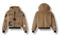 OPM Powerbook Jacket. Limited edition Culture Brown mink fur Brown hoodie with various patches on a white background