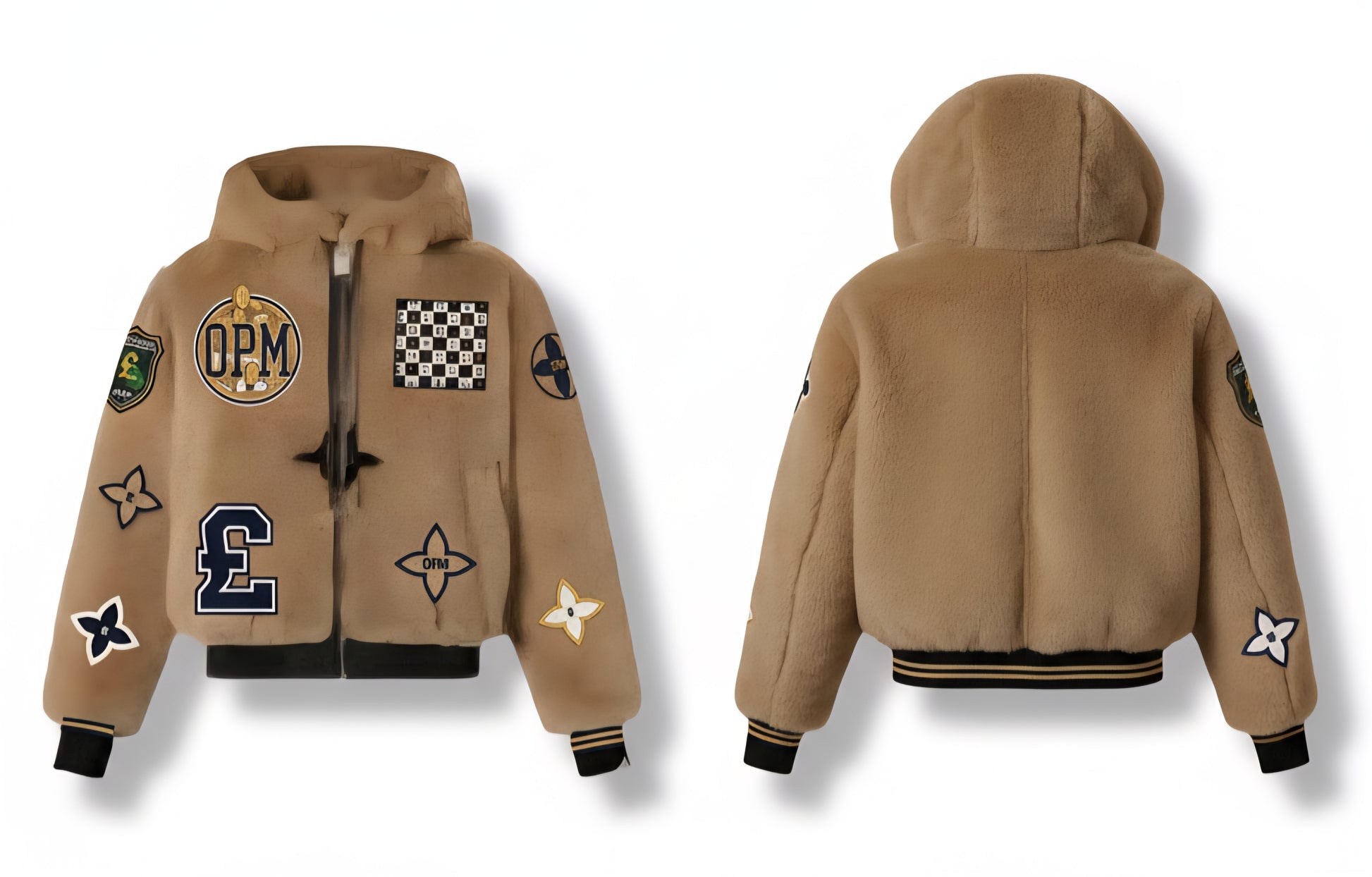 OPM Powerbook Jacket. Limited edition Culture Brown mink fur Brown hoodie with various patches on a white background