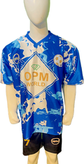 Front view of OPM World luxury football jersey in blue and white marble print on a mannequin.