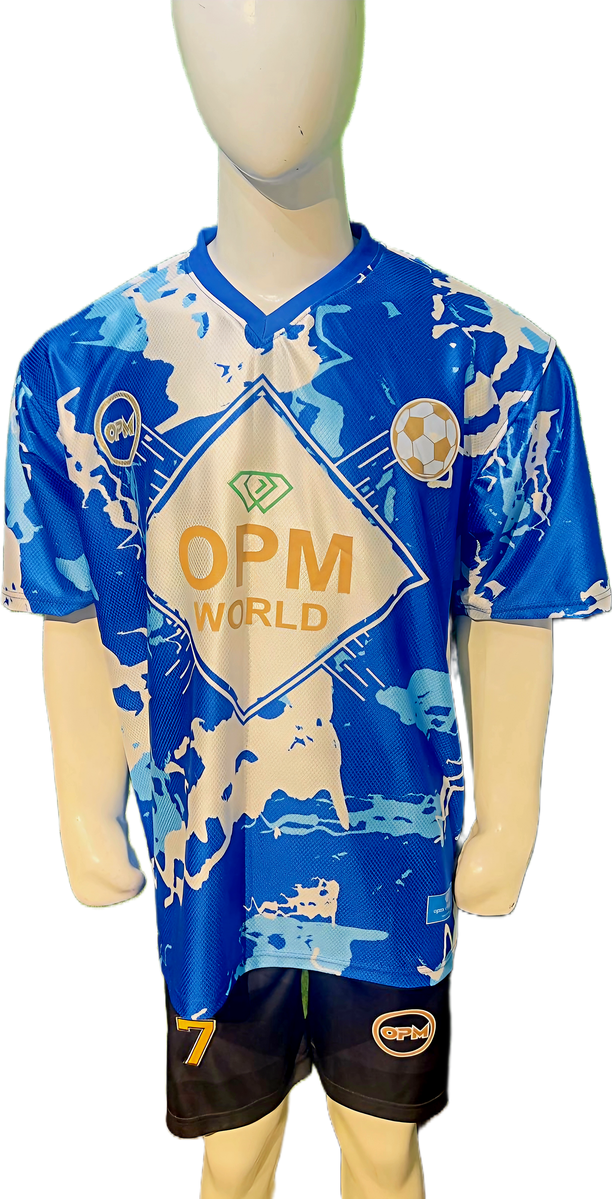 Front view of OPM World luxury football jersey in blue and white marble print on a mannequin.