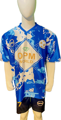 Front view of OPM World luxury football jersey in blue and white marble print on a mannequin.