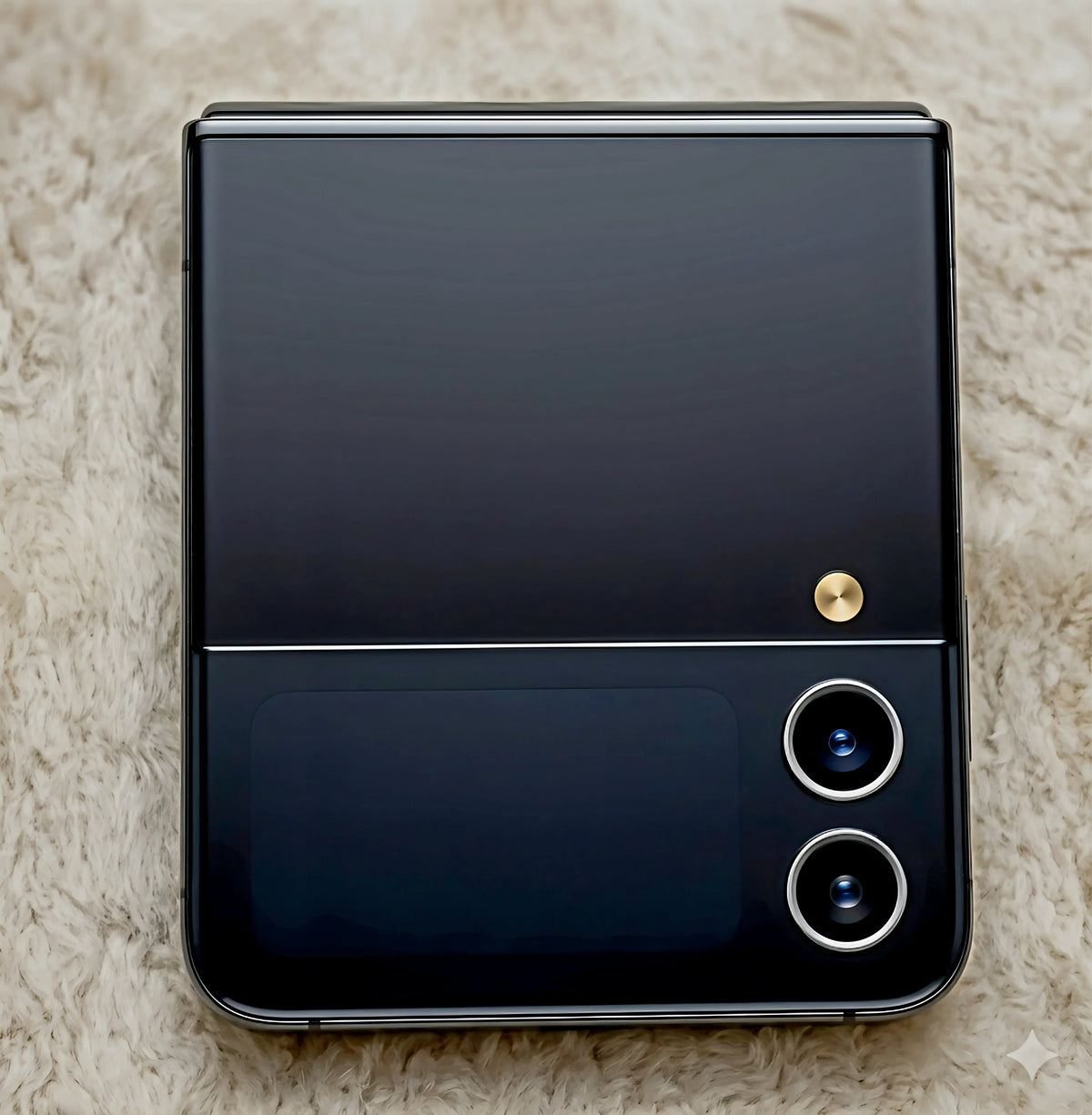 Brand new OPM.net Z Flip foldable mobile phone in luxury black finish, displayed on a clean white textured surface, representing OPM Clothing Ltd London's secure communications network.