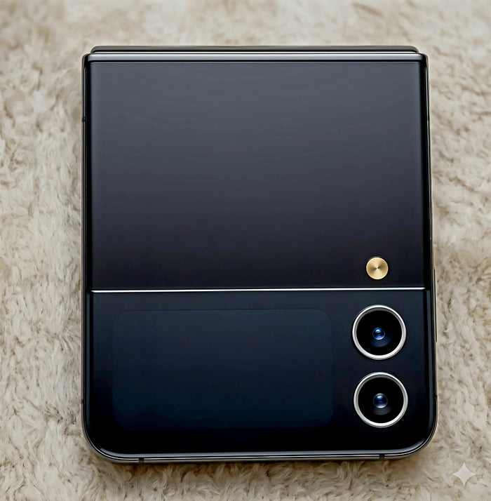 Brand new OPM.net Z Flip foldable mobile phone in luxury black finish, displayed on a clean white textured surface, representing OPM Clothing Ltd London's secure communications network.