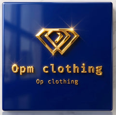 Gold logo and text 'Opm clothing' on a blue background