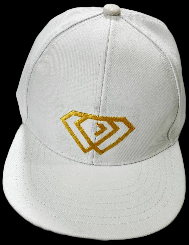 White cap with a gold OPM diamond logo on a black background