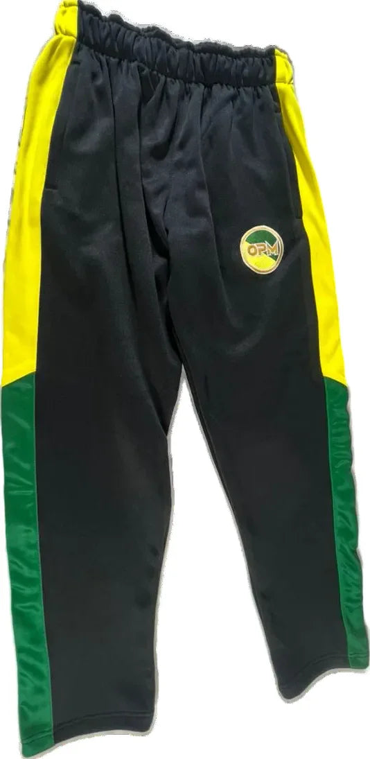 Black track pants with yellow and green side panels on a white background
