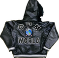 Black leather jacket with blue fox fur hood and lining opm world text and logos on a white background