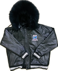 Black leather jacket with blue fox fur hood and embroidered opm logo on a white background