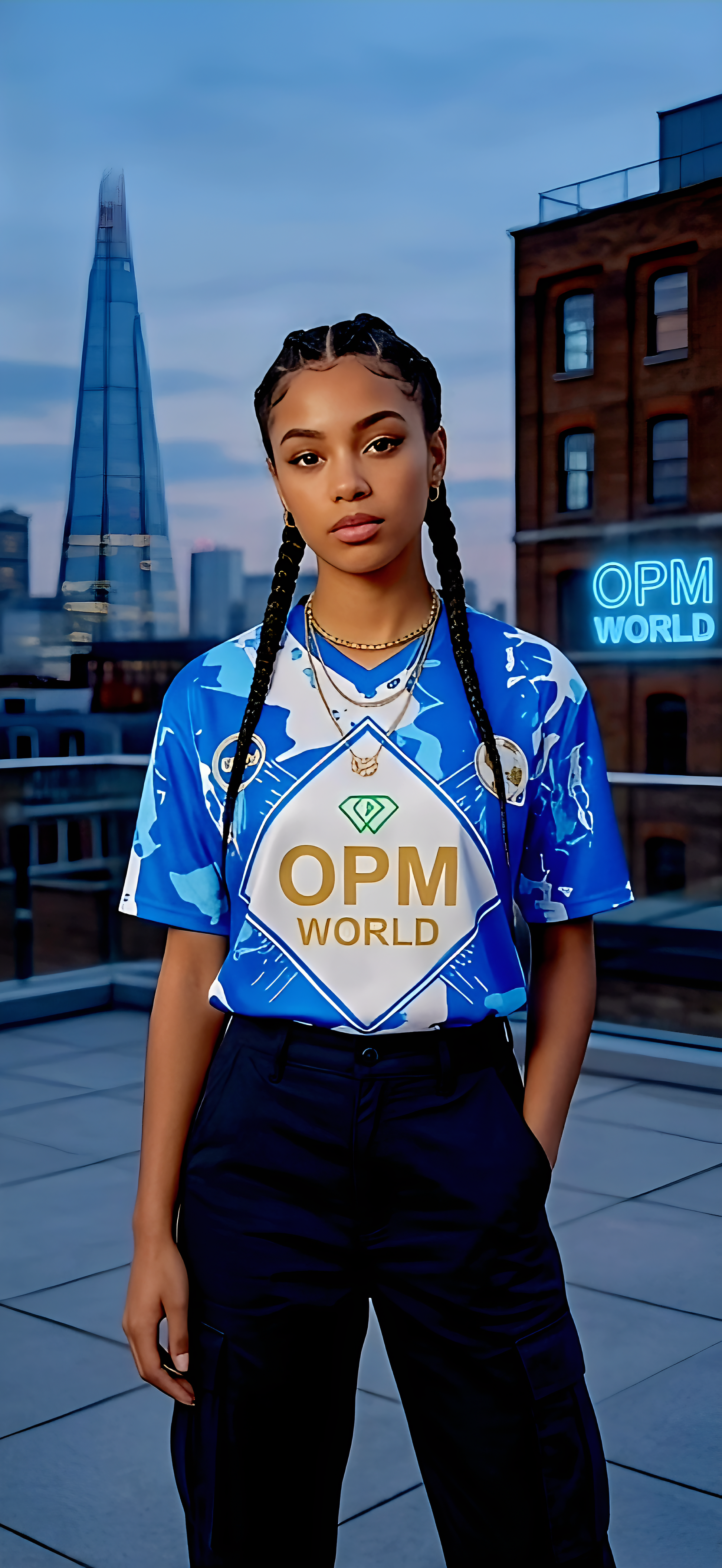 Girl front facing , wearing opm world blue marble football ki