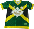 Green and yellow sports jersey with 'OPM World' branding on a white background