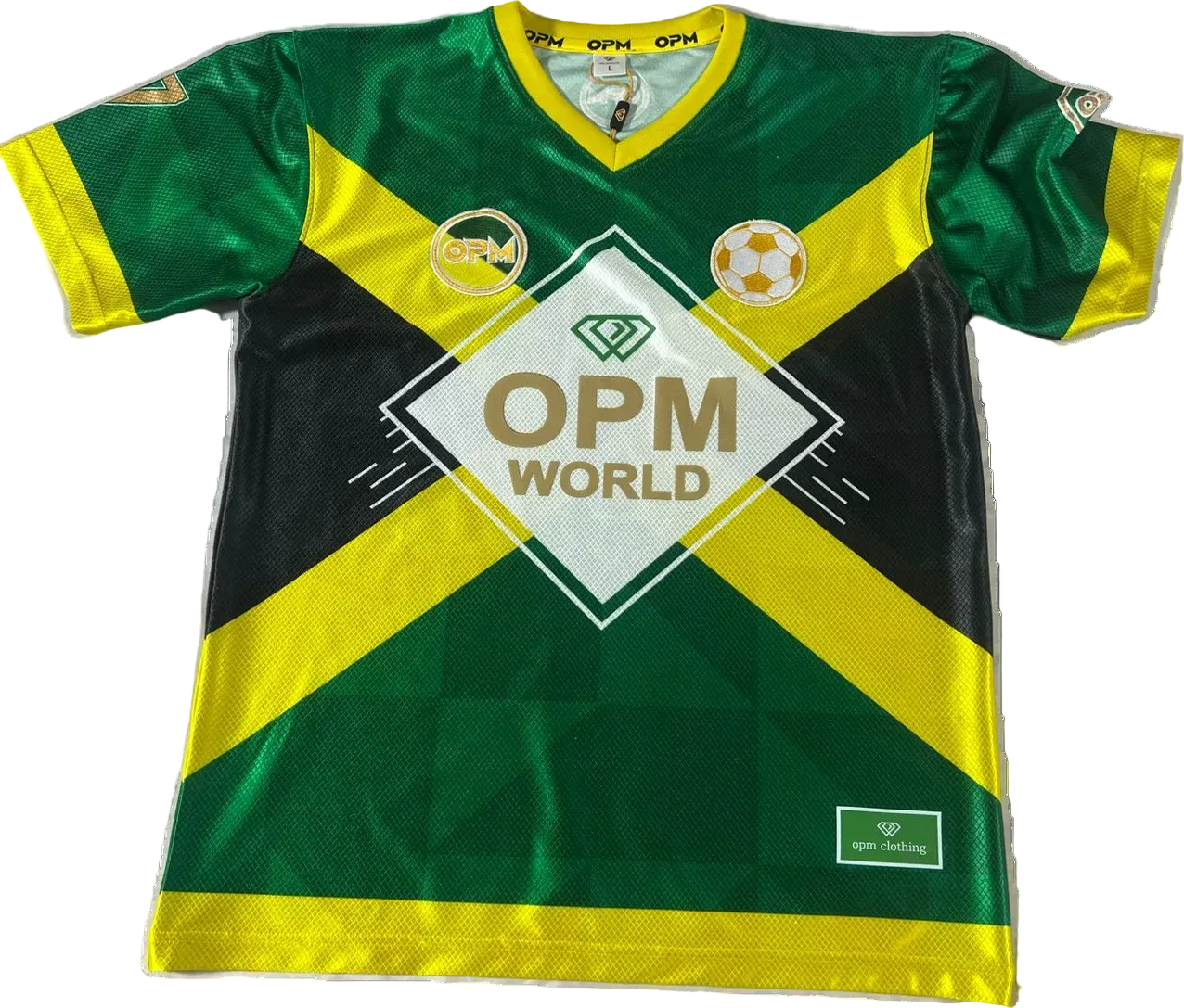 Green and yellow sports jersey with 'OPM World' branding on a white background