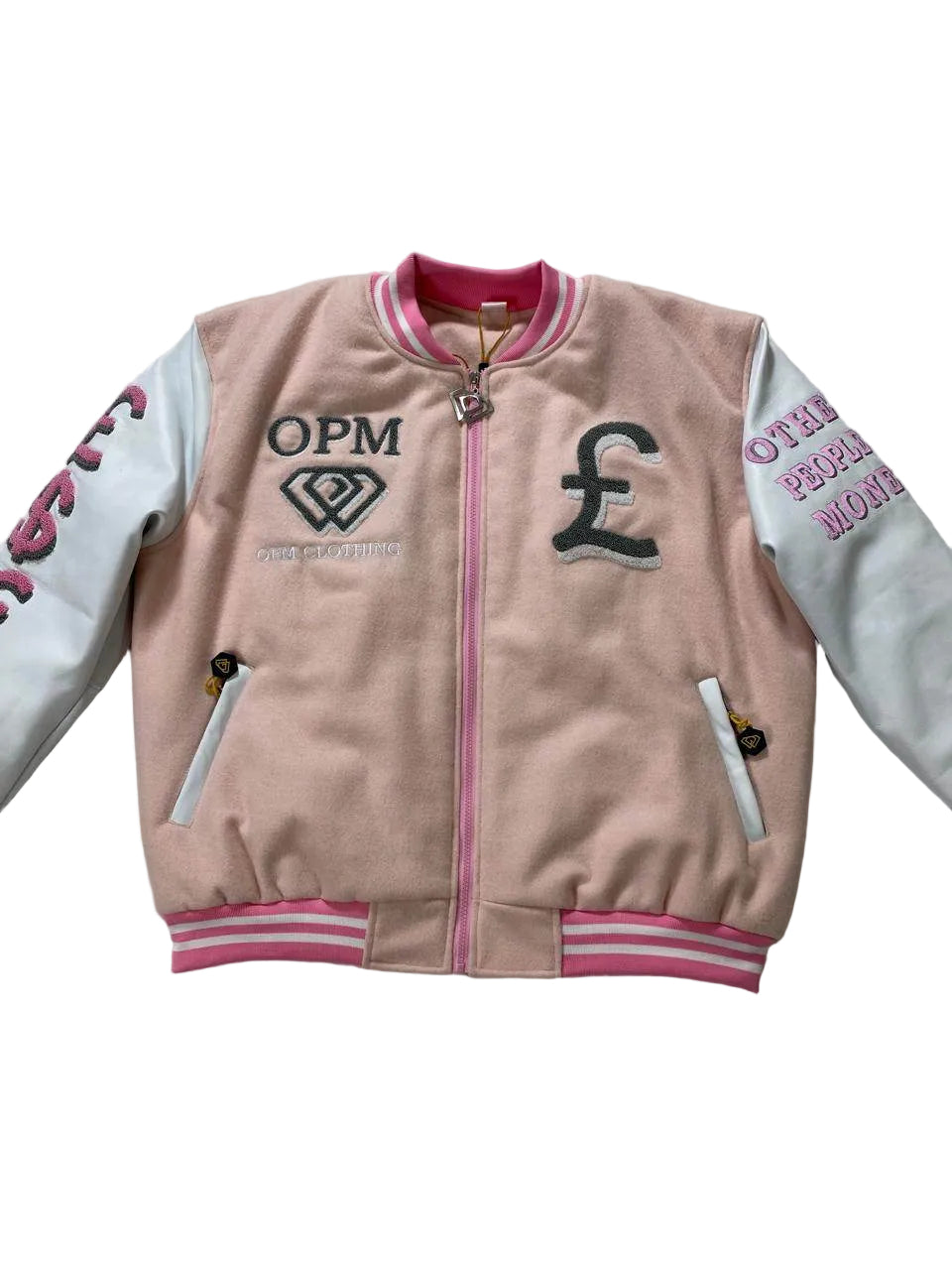 OPM PINK WHITE (UNIVERSITY OF CRIME)VARSITY JACKET - OPM Clothing