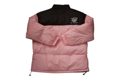 Pink puffer vest with black top section on a white background