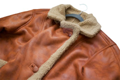 Brown leather jacket with beige fur collar on a white background
